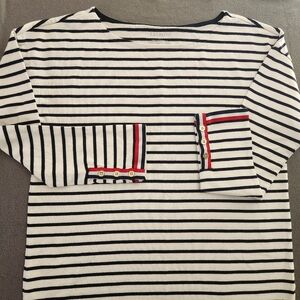 Talbots Nautical Scoop Neck 3/4 Sleeve Knit Shirt MED Cream Blue Buttons Casual